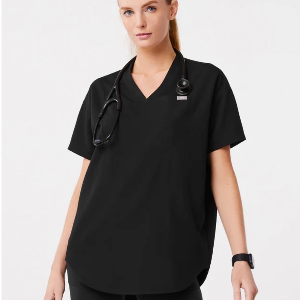 Figs Halle Short Sleeve V-Neck Tunic Top XS Black NWT